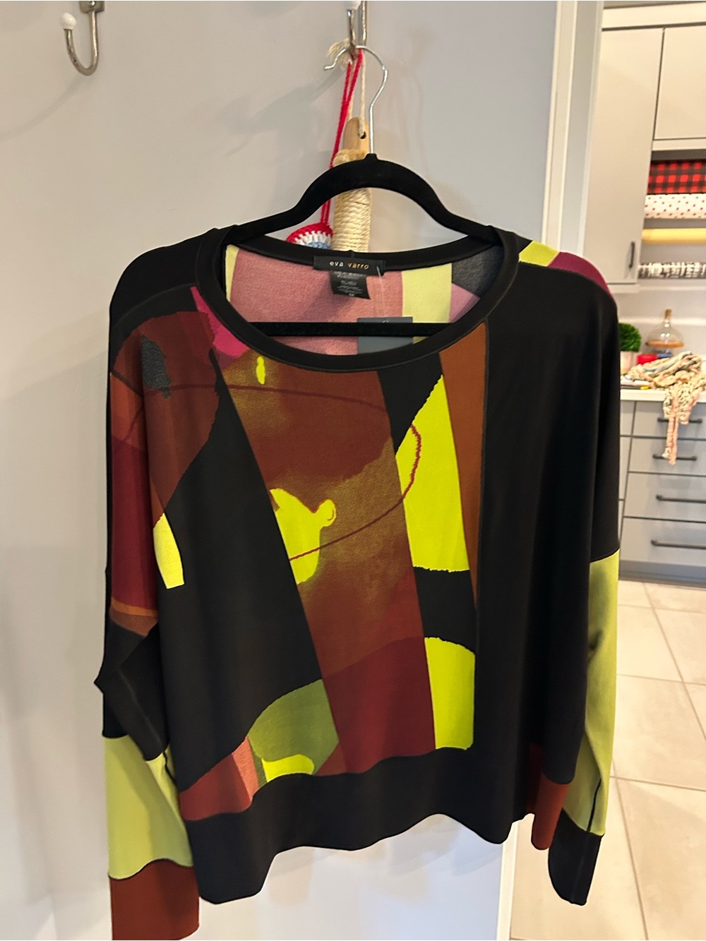 eva varro Black Abstract Colorblock Long Sleeve Top with Lime & Rust Accents